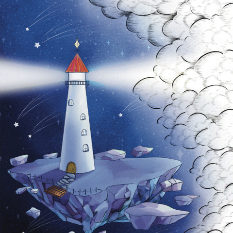 A lighthouse on a floating island sending a stream of light into an obscured cloud abyss.