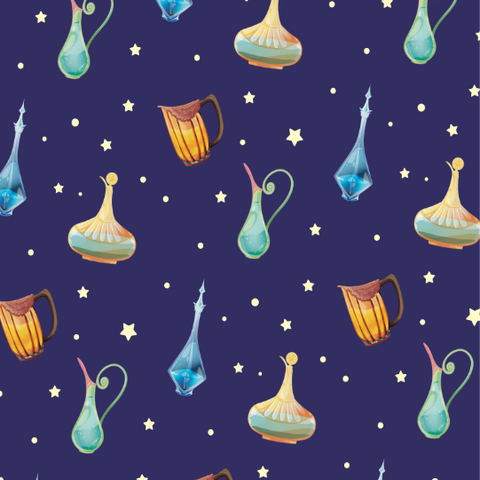 A repeating pattern of colorful magic bottles on a dark background with scattered stars