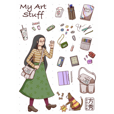 A drawing of a lady with black hair and glasses. Around the drawing is art supplies and my dog playing with a toy.