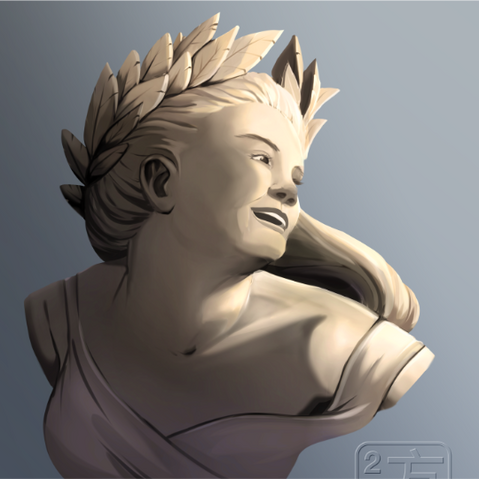 A woman looking to the right with a big laurel on her head